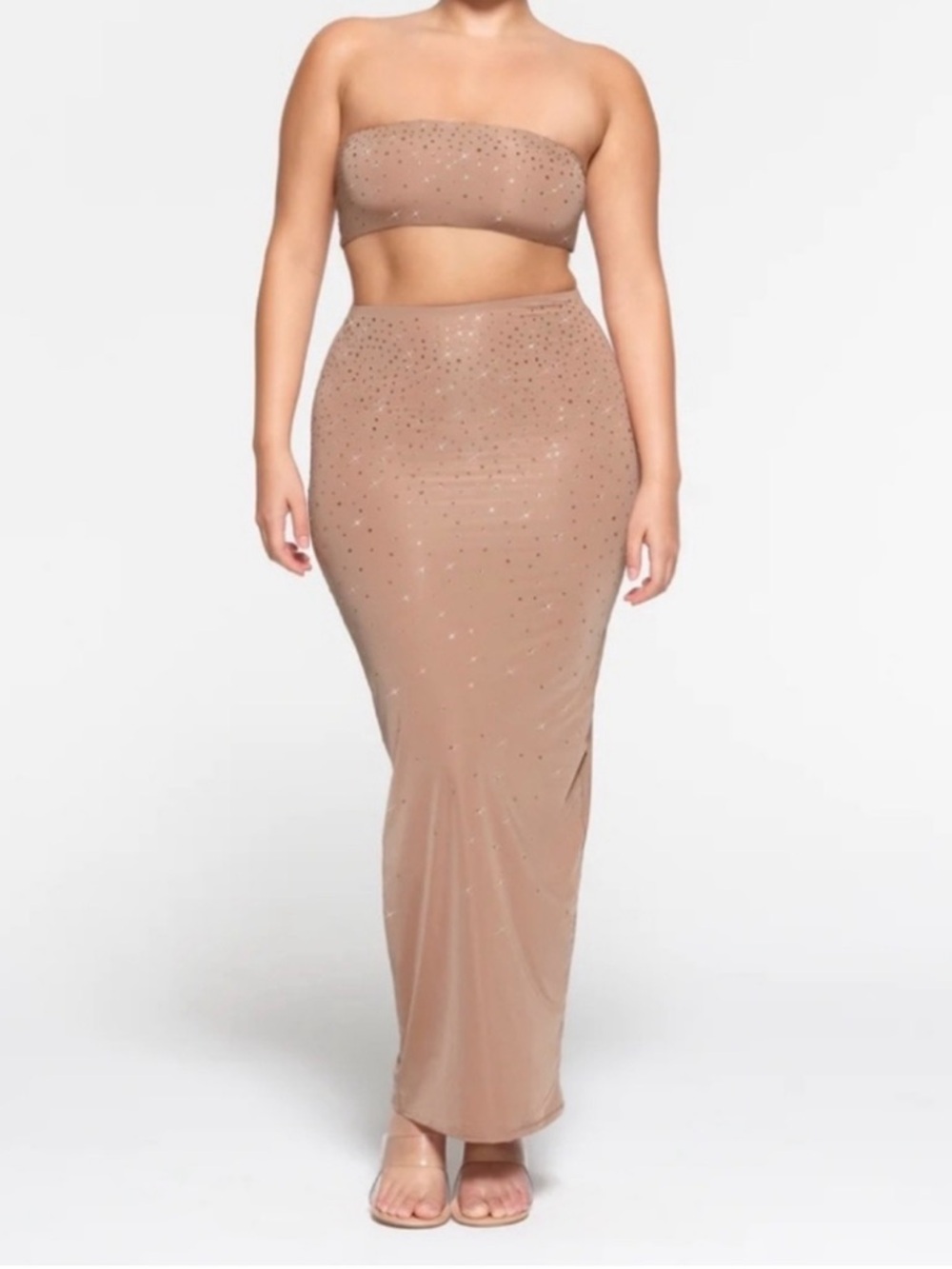 SKIMS Nude Crystal-Embellished Maxi Skirt